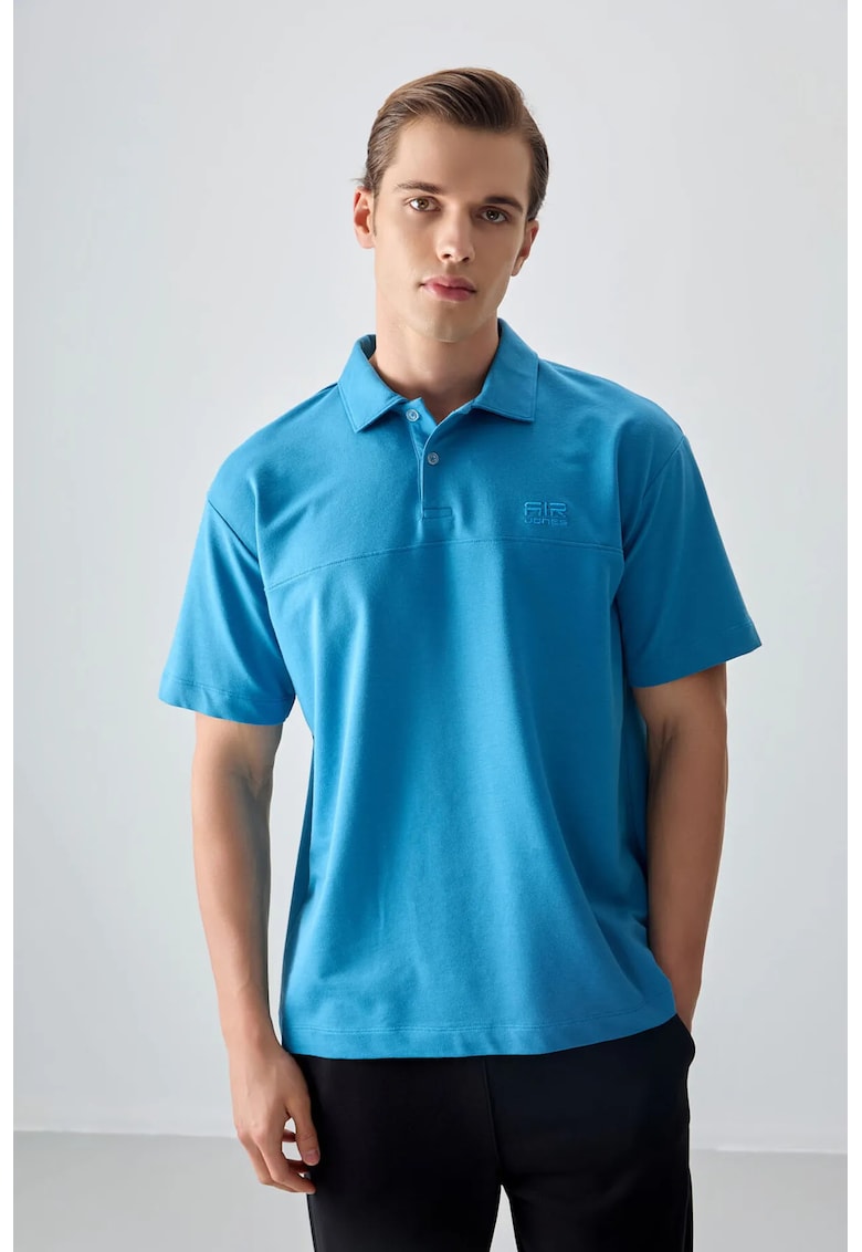 Tricou oversized - guler polo - albastru cerulean - bumbac - poliester - lycra
