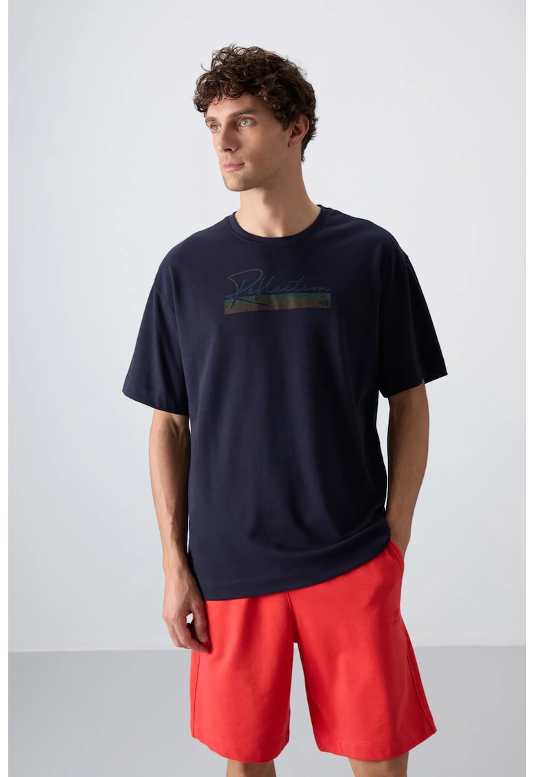 Tricou supradimensionat imprimat - albastru marin - amestec de bumbac