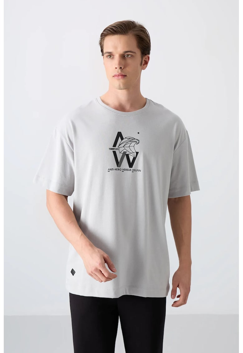 Tricou barbatesc gri deschis - imprimeu logo - 65% bumbac - 35% poliester