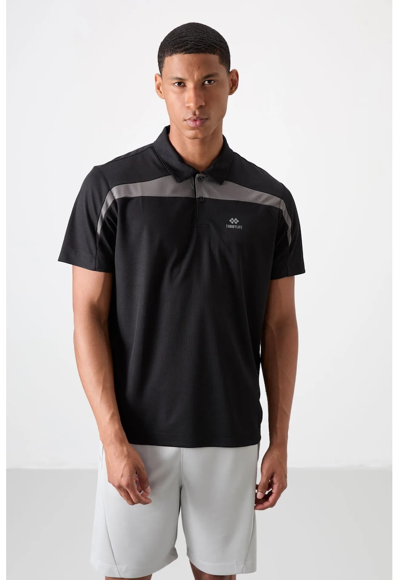 Tricou Polo Barbati - Negru - 100% poliester - cu buton