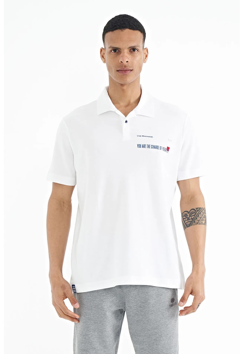 Tricou Polo bumbac - imprimeu text - alb - pentru barbati
