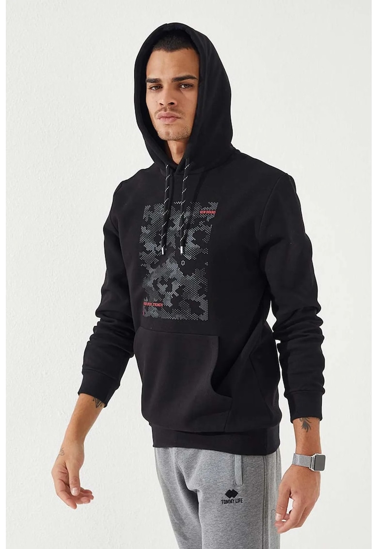 Hanorac barbati - imprimeu camuflaj - negru - 70% bumbac - 25% poliester - 5% elastan