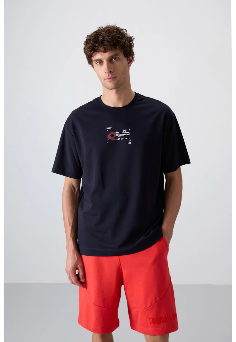 Tricou supradimensionat - decolteu rotund - imprimeu logo - Albastru Marin - bumbac - poliester - lycra