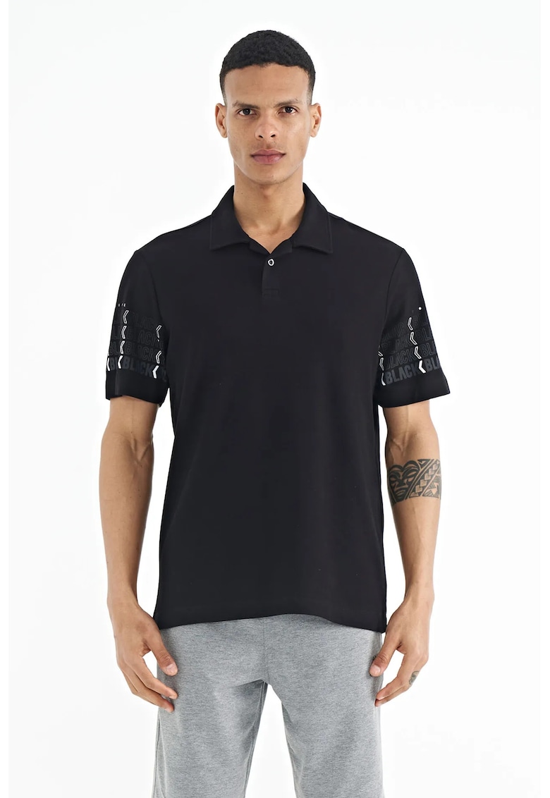 Tricou polo barbati - imprimeu - negru - 100% bumbac