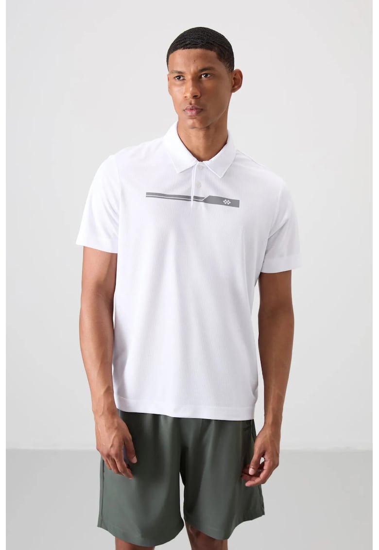 Tricou polo alb - 100% poliester - cu nasturi