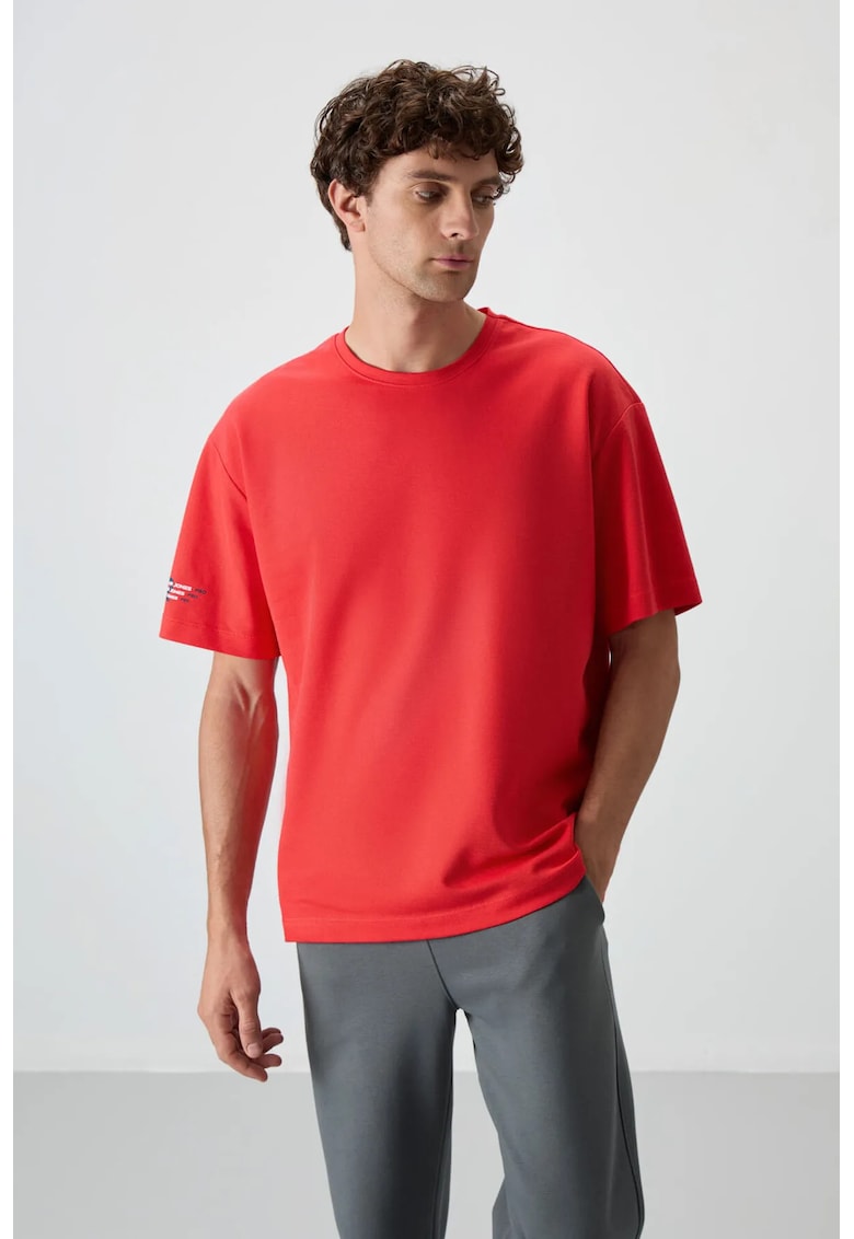 Tricou supradimensionat - imprimeu - rosu - 80% bumbac - 20% poliester