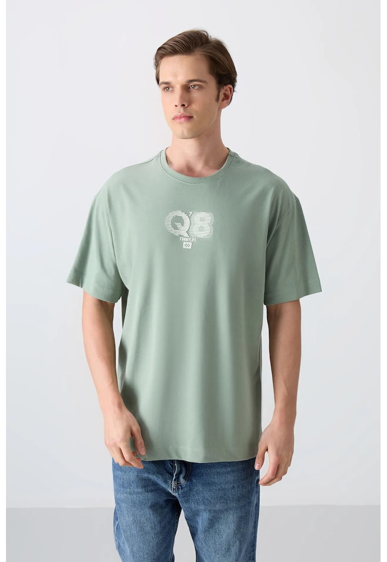Tricou barbati - supradimensionat - guler rotund - verde salvie - bumbac si poliester
