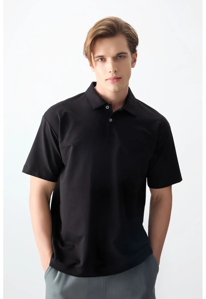 Tricou Polo Oversized - Negru - Bumbac - Poliester - Lycra
