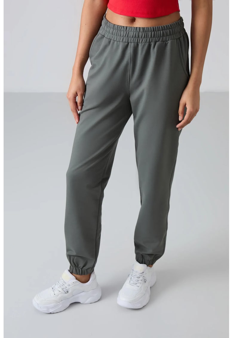 Pantaloni de trening - talie inalta - croiala relaxata - gri inchis - bumbac cu poliester si elastan