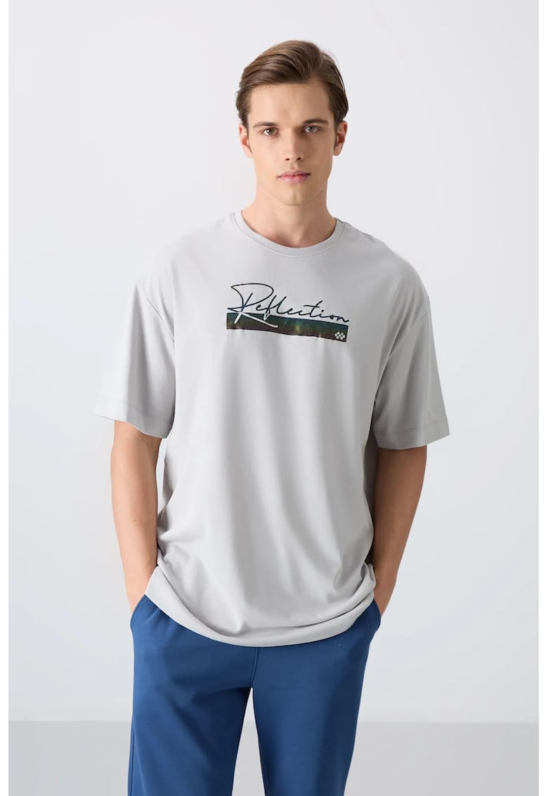 Tricou barbatesc supradimensionat imprimat - gri deschis - amestec de bumbac si poliester