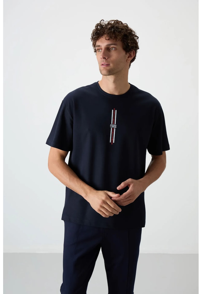 Tricou supradimensionat - imprimeu spate - albastru marin - 80% bumbac / 20% poliester