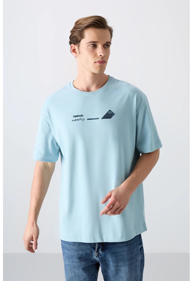 Tricou barbati - supradimensionat - imprimat pe spate - Albastru deschis - bumbac-poliester