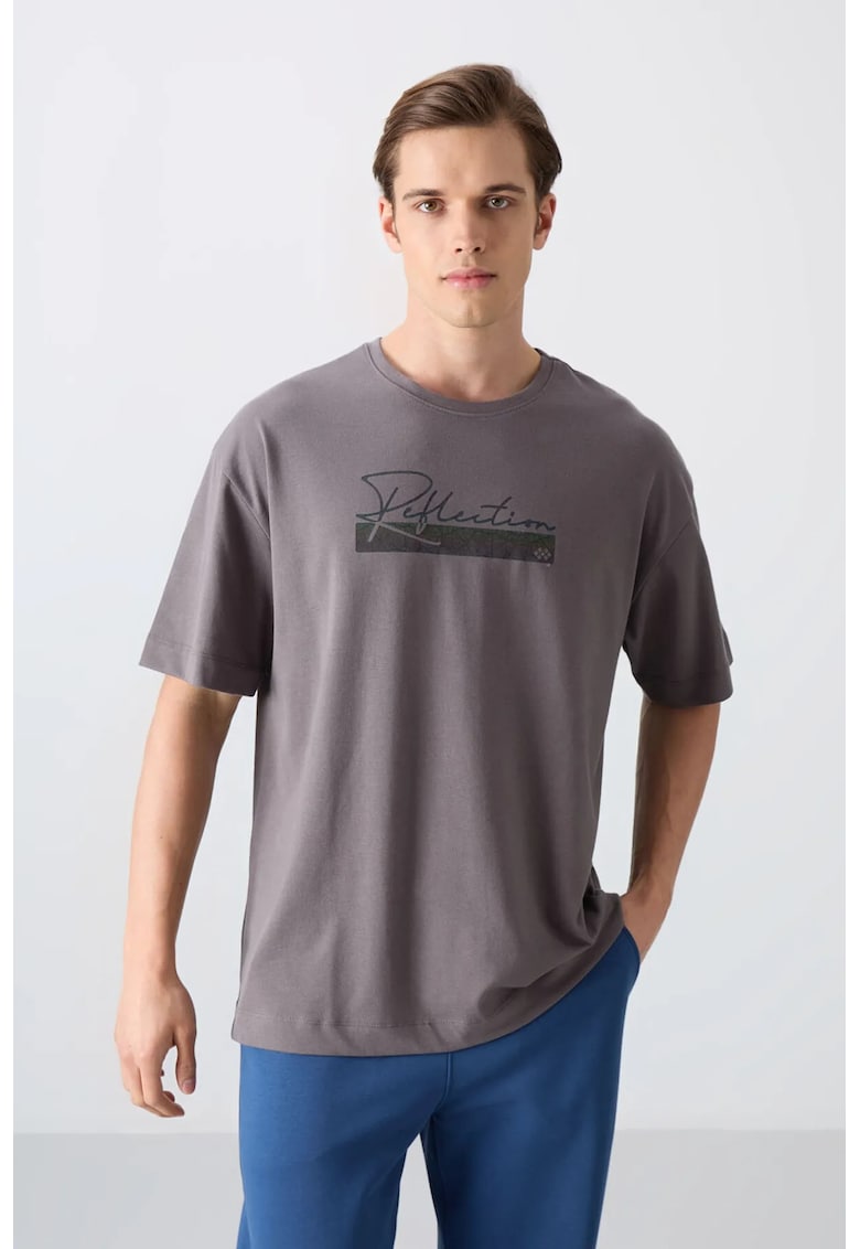 Tricou supradimensionat imprimat - gri antracit - amestec de bumbac