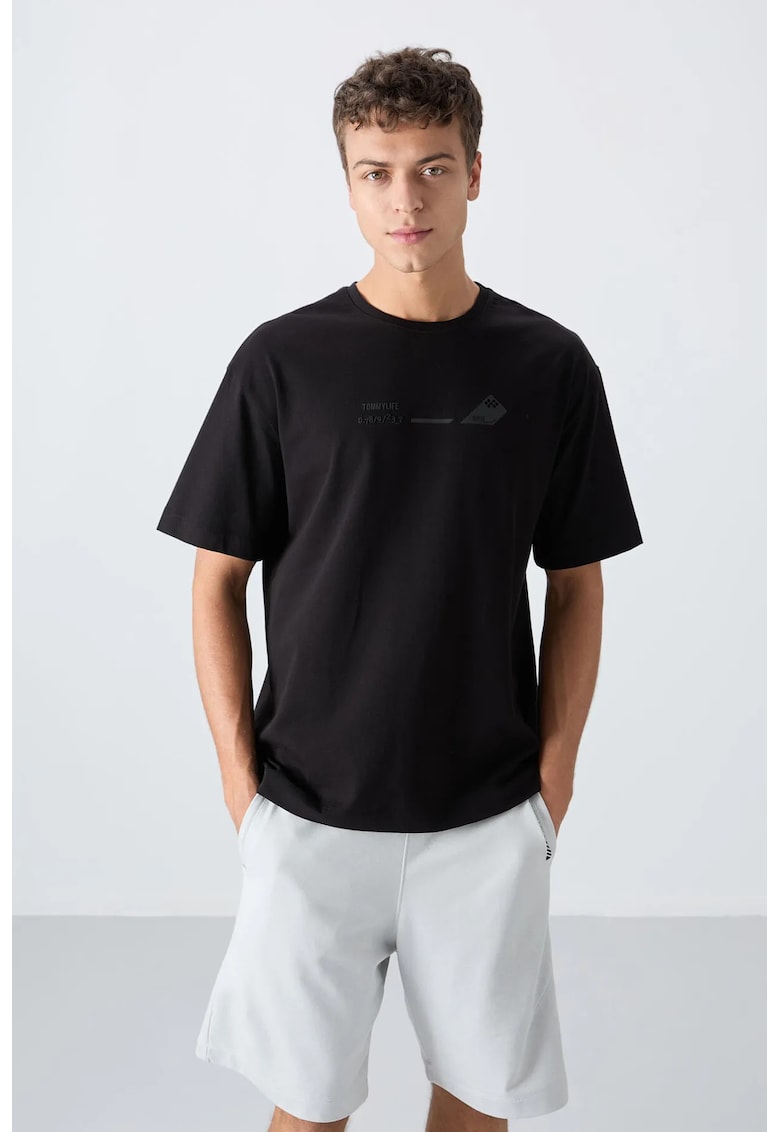 Tricou supradimensionat - negru - bumbac-poliester - imprimeu uni