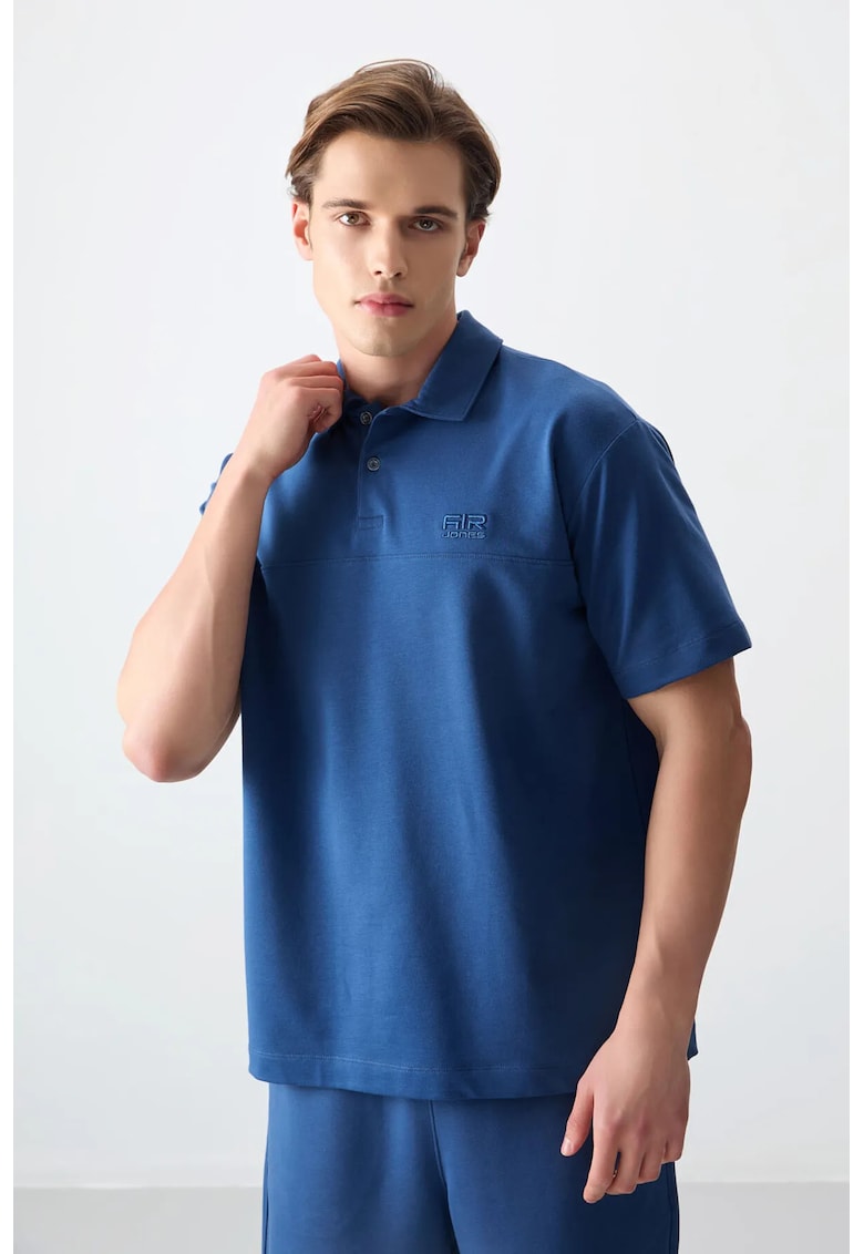 Tricou oversized - guler polo - albastru marocan - bumbac - poliester - lycra