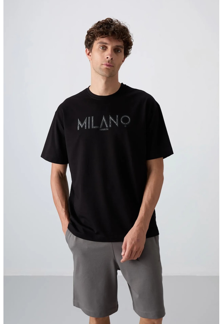 Tricou Barbati - supradimensionat - imprimeu pe spate - Negru - bumbac-poliester-lycra