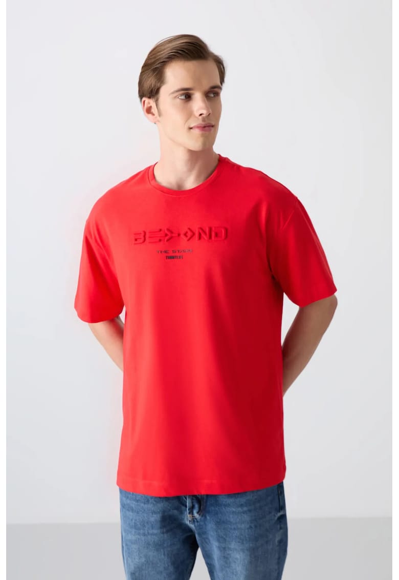 Tricou supradimensionat rosu din bumbac-poliester cu logo - pentru barbati