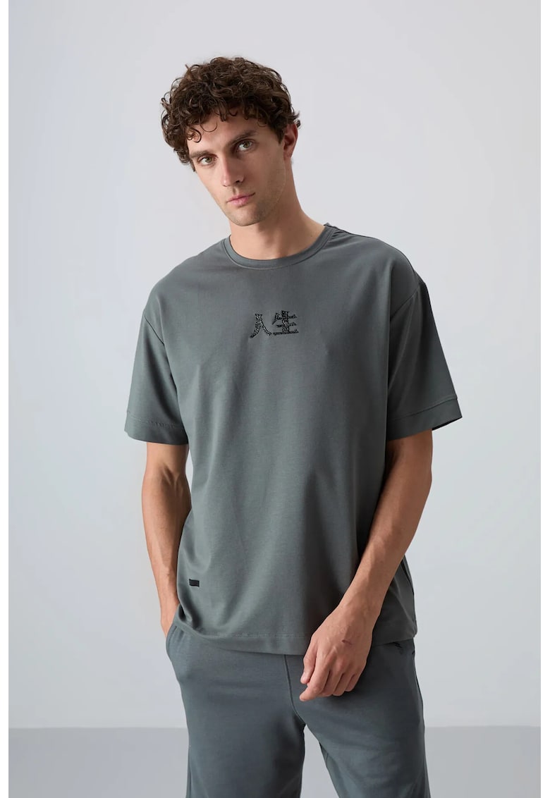 Tricou supradimensionat cu guler rotund - broderie - gri antracit - pentru femei