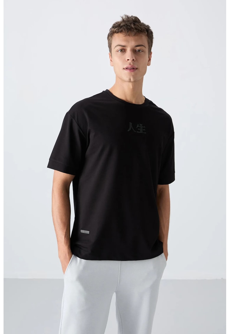 Tricou supradimensionat cu guler rotund - broderie - negru - pentru barbati
