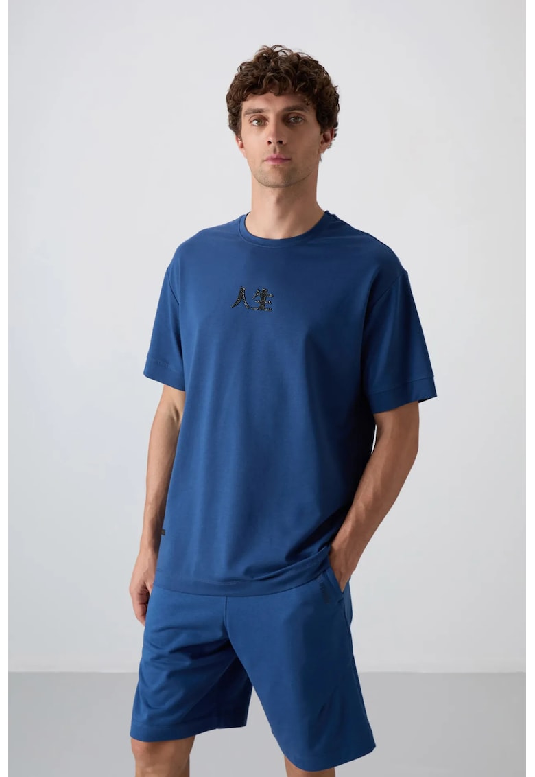 Tricou supradimensionat - imprimeu text - albastru Moroccan - bumbac cu poliester si lycra