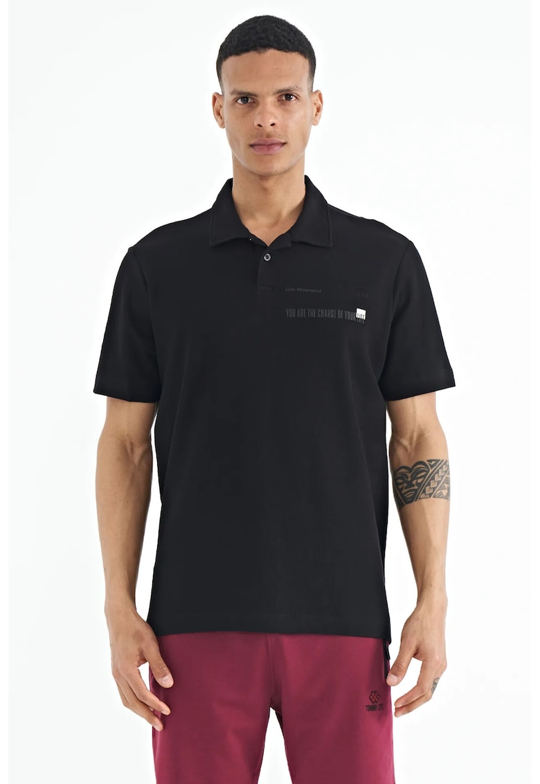 Tricou Polo bumbac - imprimeu text - negru - pentru barbati