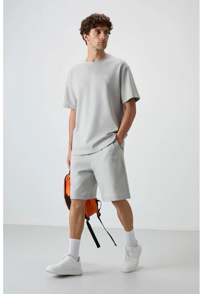 Set Active - Tricou Supradimensionat cu Maneca Scurta si Pantaloni Scurti - Gri deschis - Bumbac si Poliester
