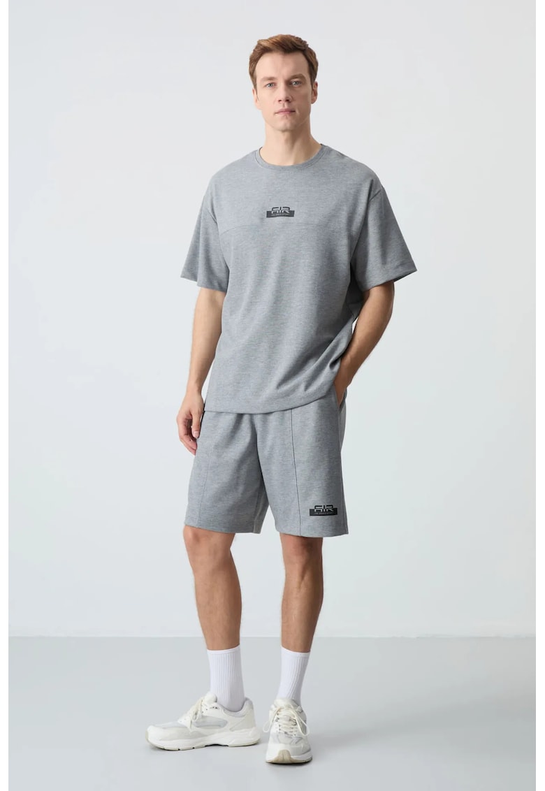 Set Activ - Tricou si Pantaloni Scurti Barbati Oversized - Gri - Bumbac/Poliester