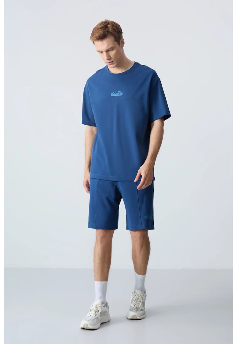Set Activ - Tricou Oversized si Pantaloni Scurti - Albastru Marocan - Bumbac/Poliester