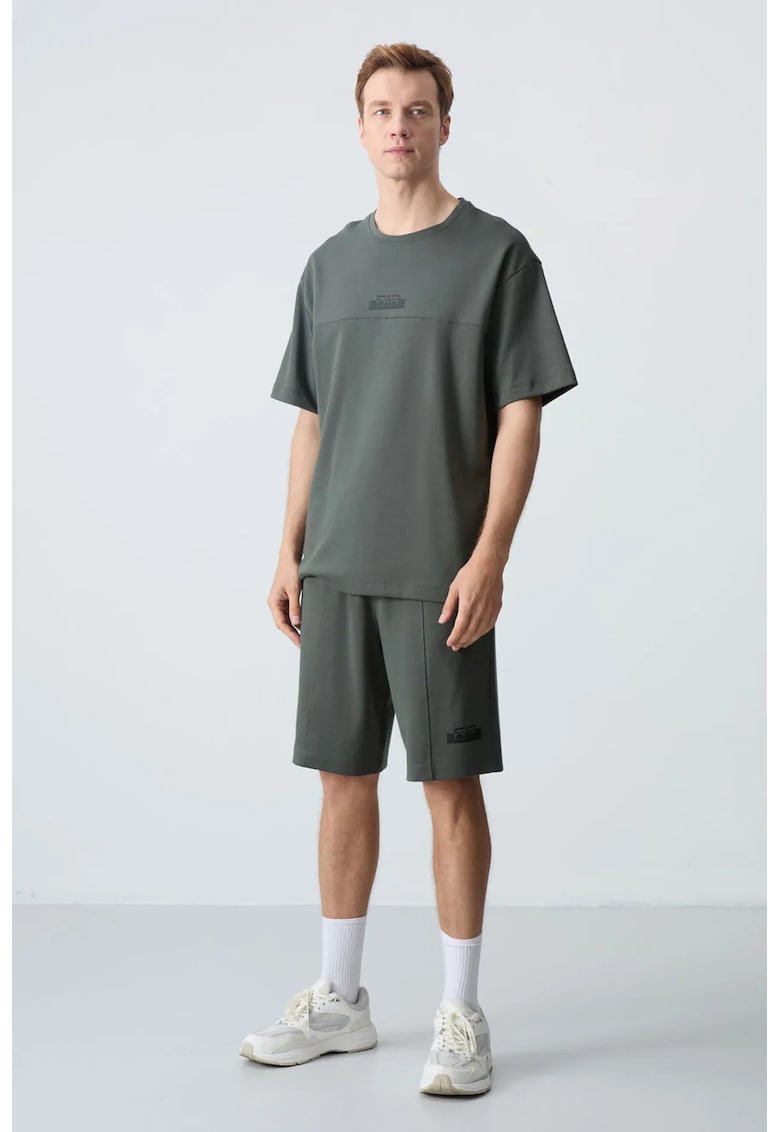 Set Trening Lifestyle Barbati - Tricou si Pantaloni Scurti Supradimensionati - Gri Antracit - Bumbac/Poliester