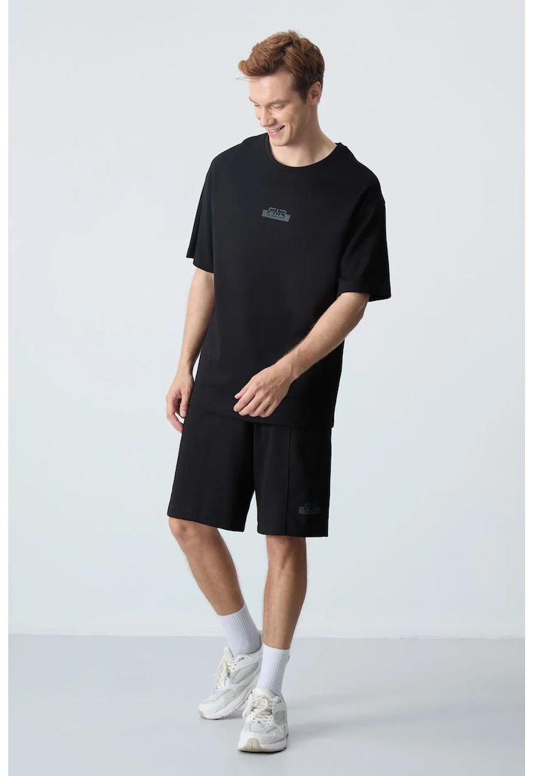 Set activ - tricou oversized si pantaloni scurti - negru - bumbac