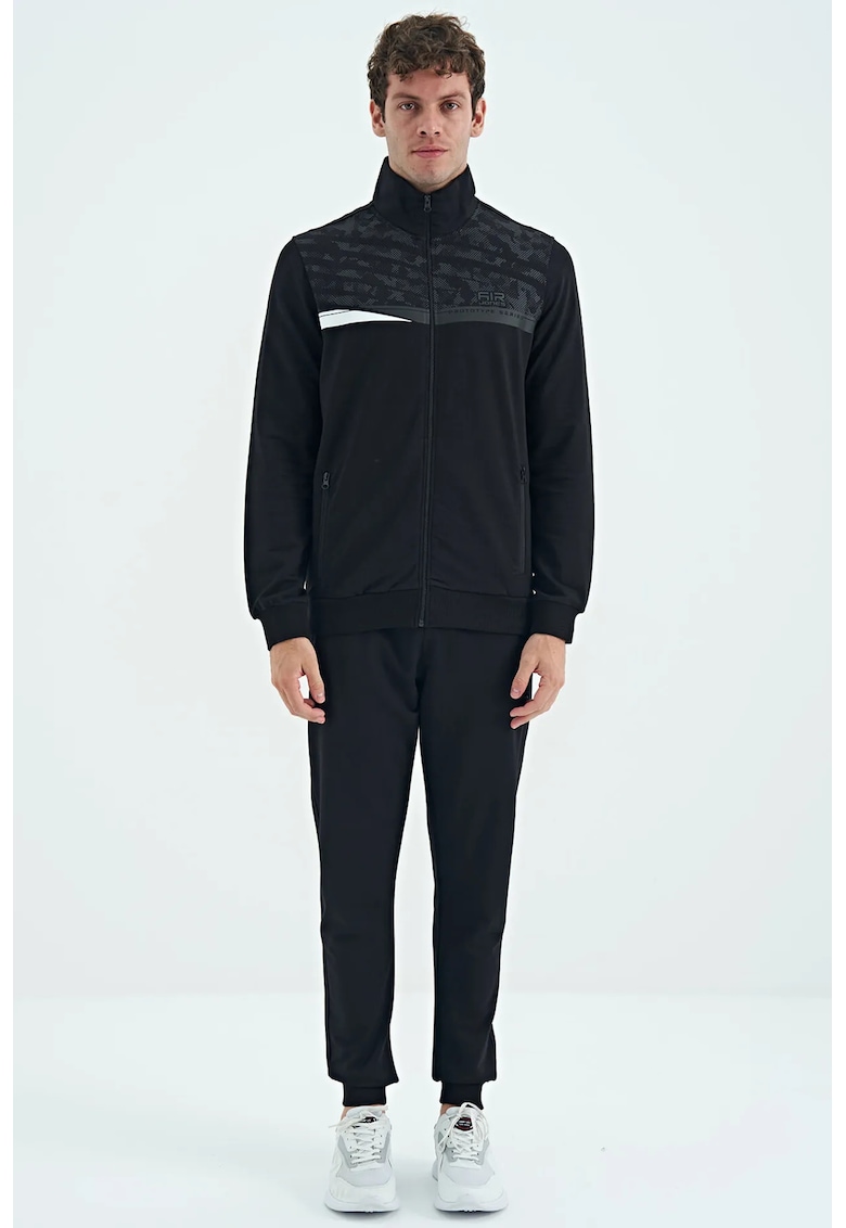 Set Trening Hanorac cu Guler cu Fermoar si Pantaloni Imprimati - Negru - Bumbac/Poliester/Elastan