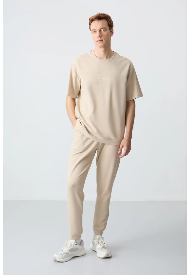 Set Trening - Tricou si Pantaloni Oversized - Bej Natural - Bumbac