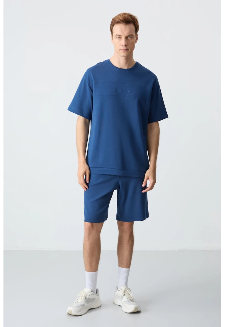 Set de trening - tricou si pantaloni scurti supradimensionati - albastru - bumbac si poliester -