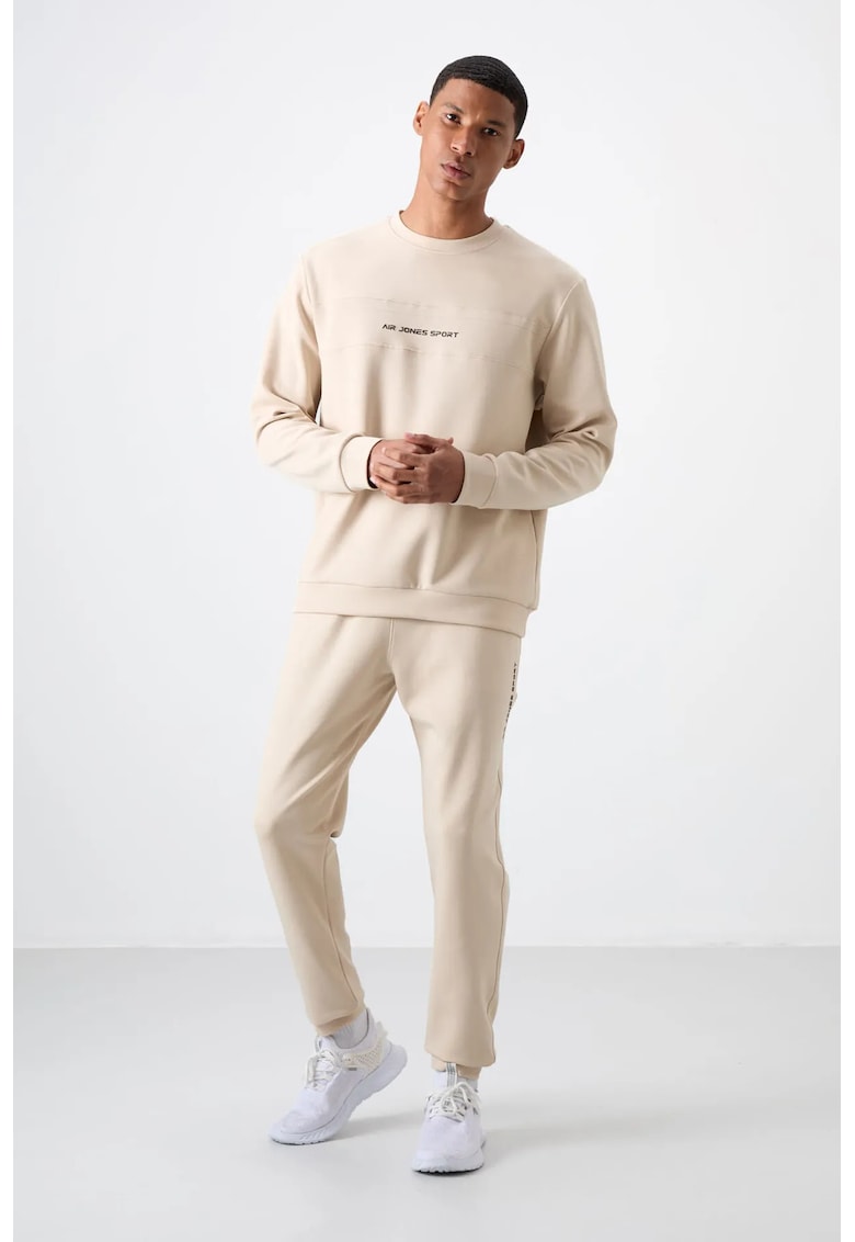 Set Trening Barbati - Fleece Imprimat - Bej Natural - Elastic - 50% bumbac