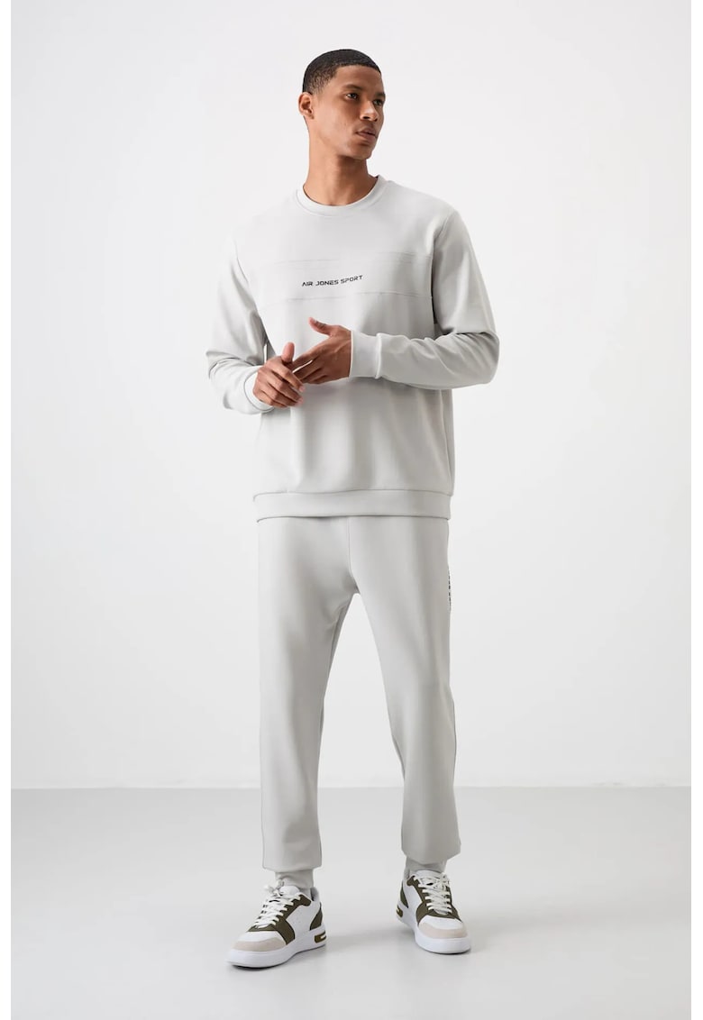 Set Trening Hanorac cu Maneca Lunga si Pantaloni Asortati - Gri Deschis - Bumbac/Poliester