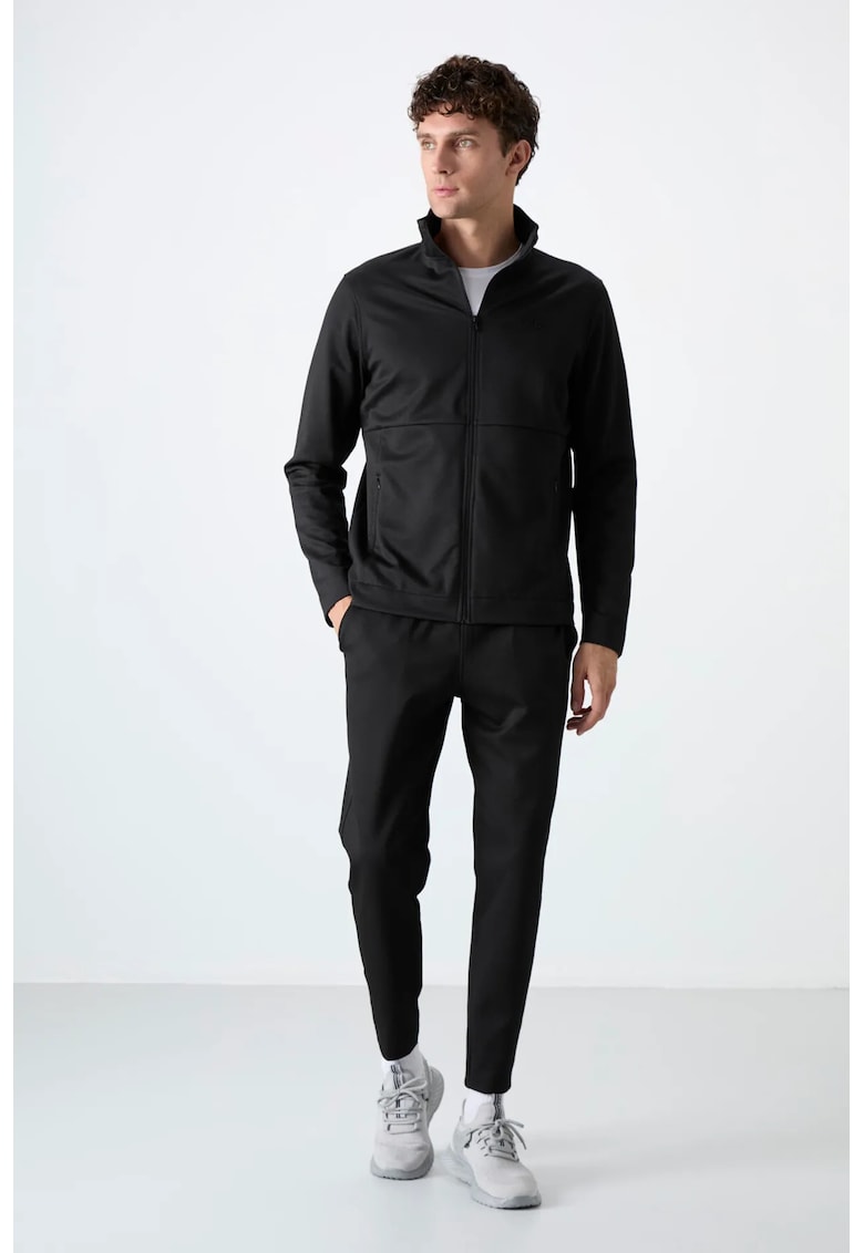 Set Trening Barbati Bluza cu Guler cu Fermoar si Pantaloni - Negru - Poliester