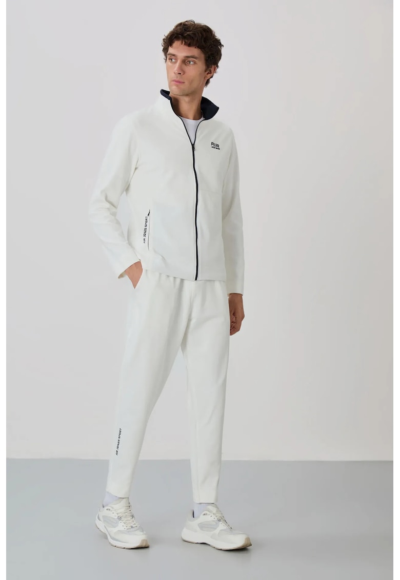 Set Trening Barbati Bluza cu Guler cu Fermoar si Pantaloni - Alb Prafuit - Poliester/Viscosa/Elastan