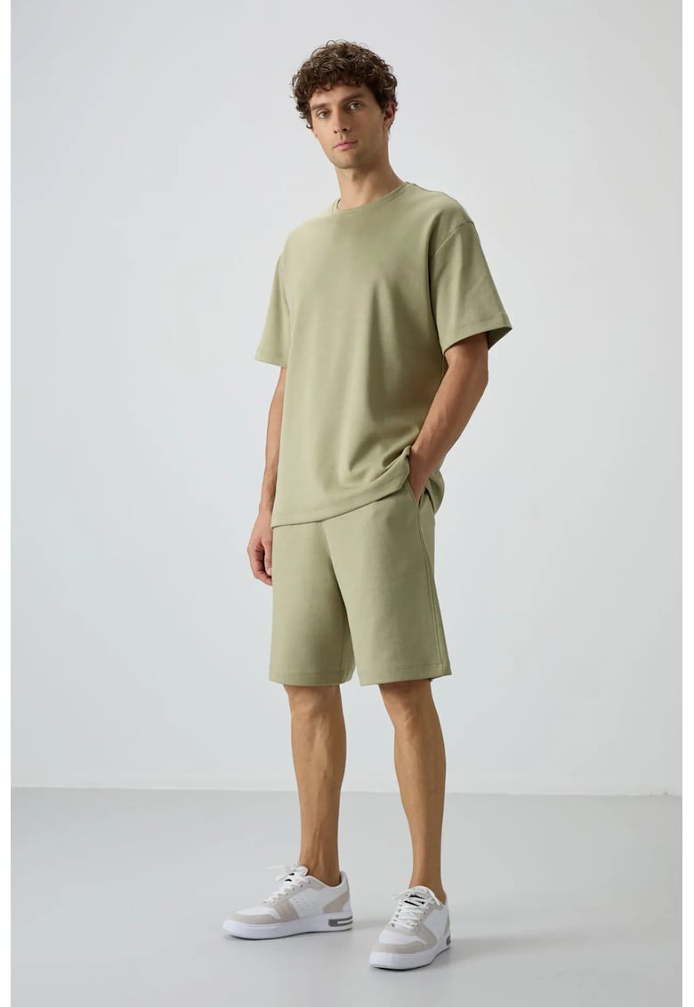 Set Tricou Supradimensionat si Pantaloni Scurti Verde Salvie - Bumbac/Poliester