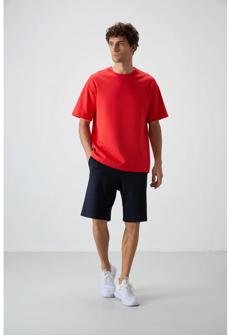 Set Tricou Supradimensionat si Pantaloni Scurti Elastic - Rosu - Bumbac si Poliester -