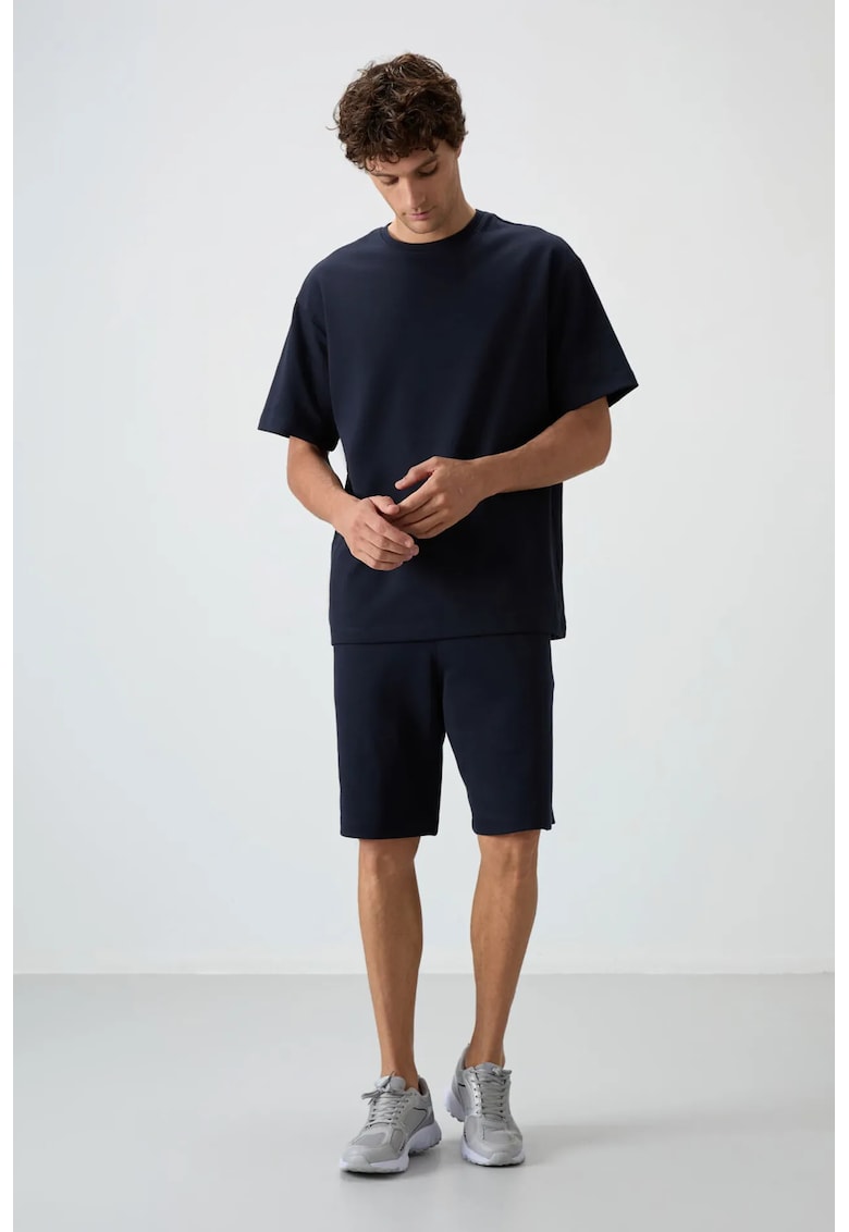 Set Trening Lifestyle Barbati - Tricou Supradimensionat si Pantaloni Scurti - Albastru Marin - Bumbac/Poliester