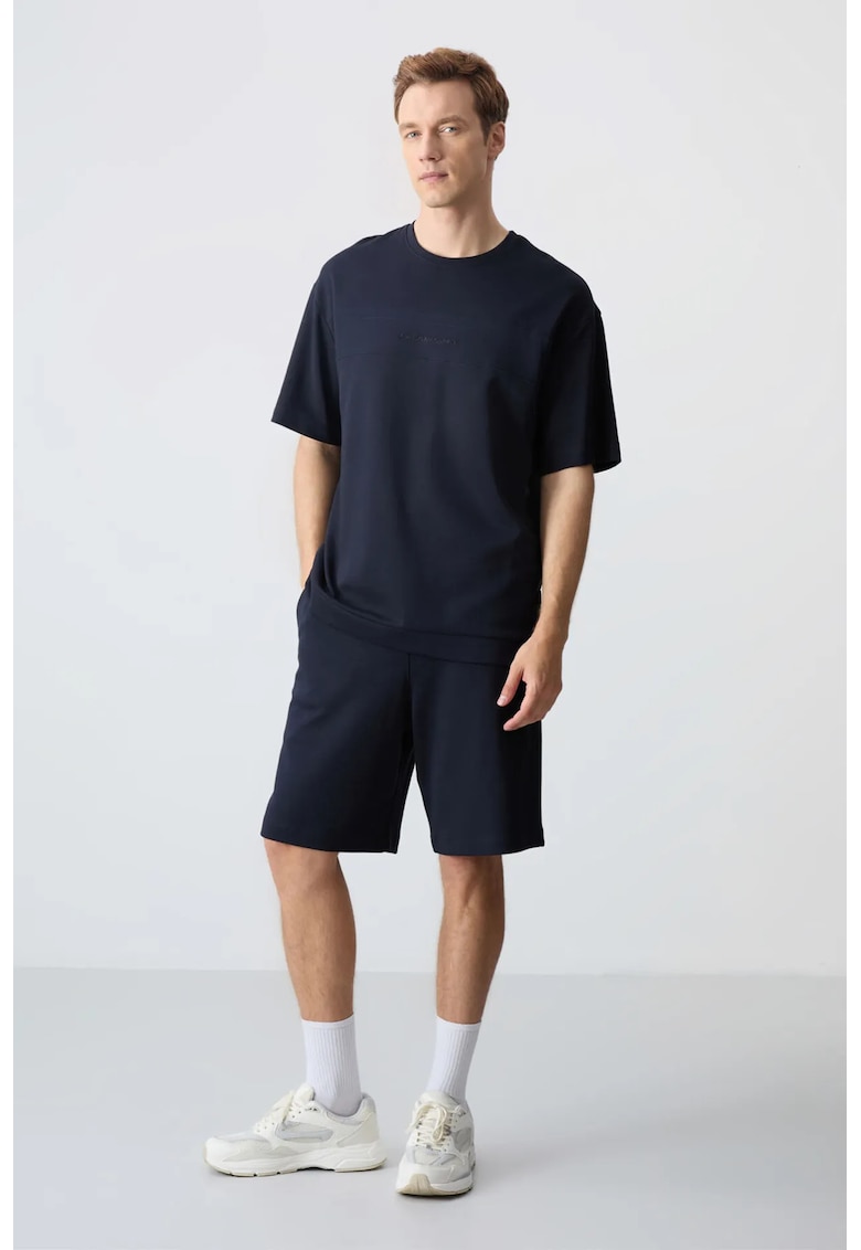 Set Activ - Tricou si Pantaloni Scurti Supradimensionati - Albastru Marin - Amestec de Bumbac