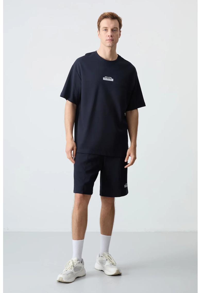 Set Tricou si Pantaloni Scurti Supradimensionat Barbati - Albastru Marin - Bumbac/Poliester
