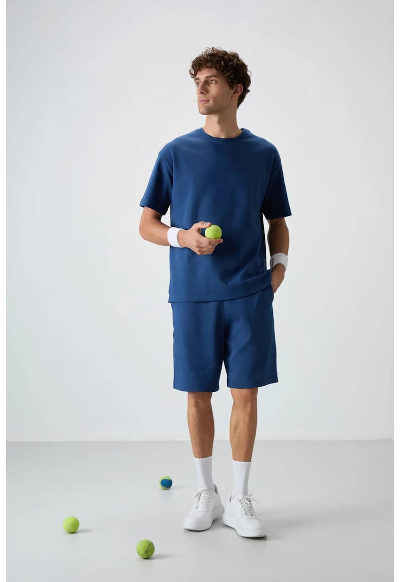 Set Trening Lifestyle Barbati - Tricou Supradimensionat si Pantaloni Scurti - Albastru Marocan - Bumbac/Poliester