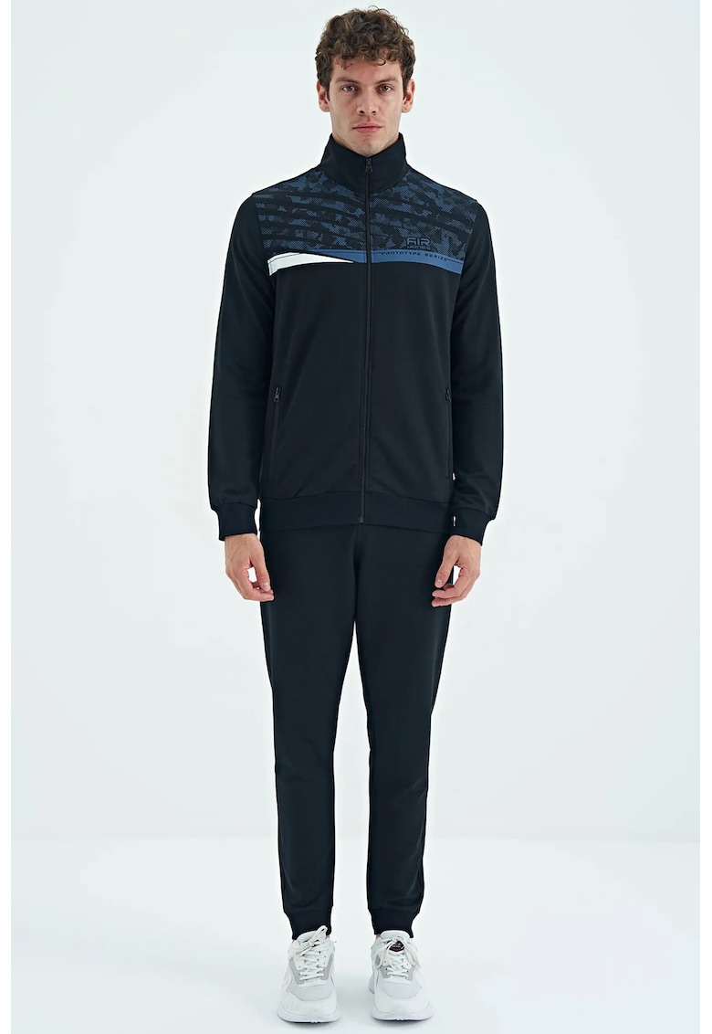 Set Trening Barbati - Guler cu Fermoar - Pantaloni Imprimati - Negru - Bumbac