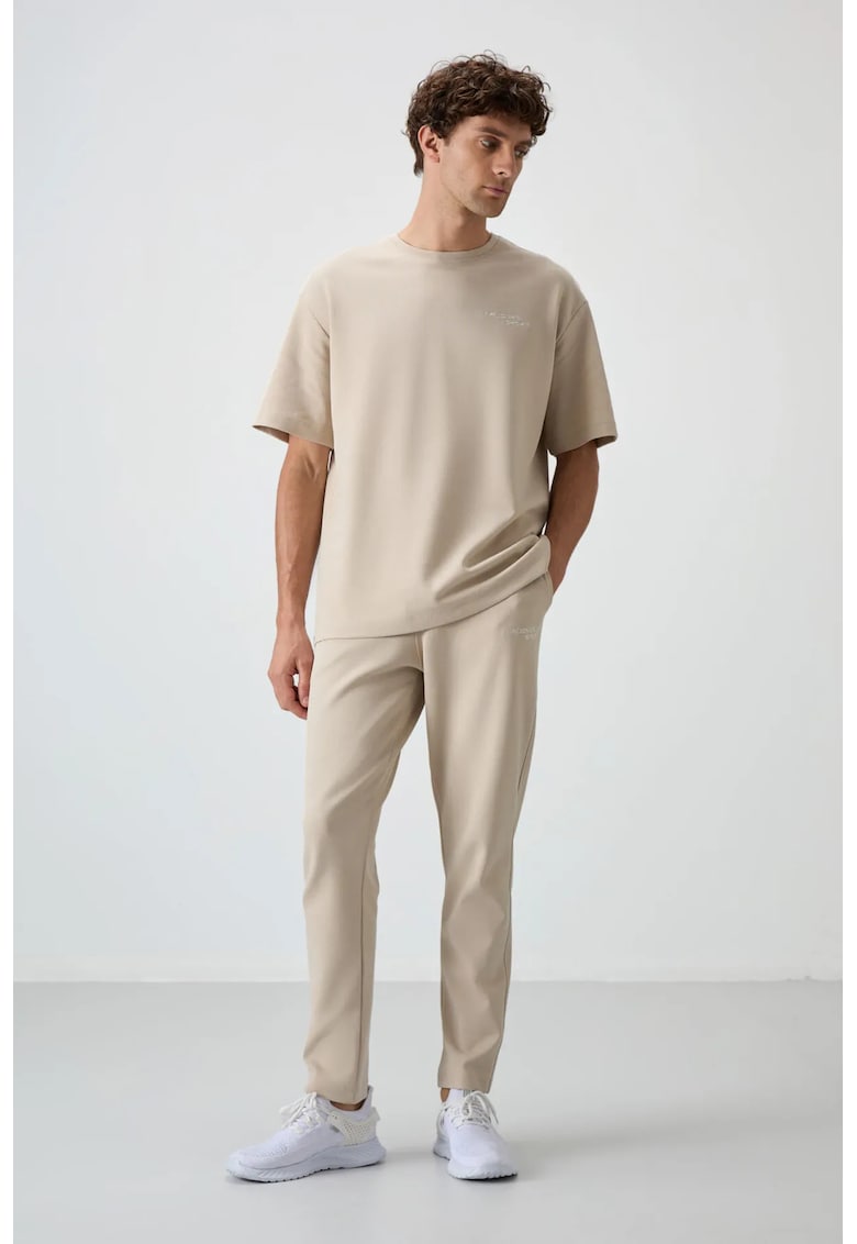 Set Activ Supradimensionat Tricou cu Maneca Scurta si Pantaloni Asortati - Bej Natural - Bumbac-poliester
