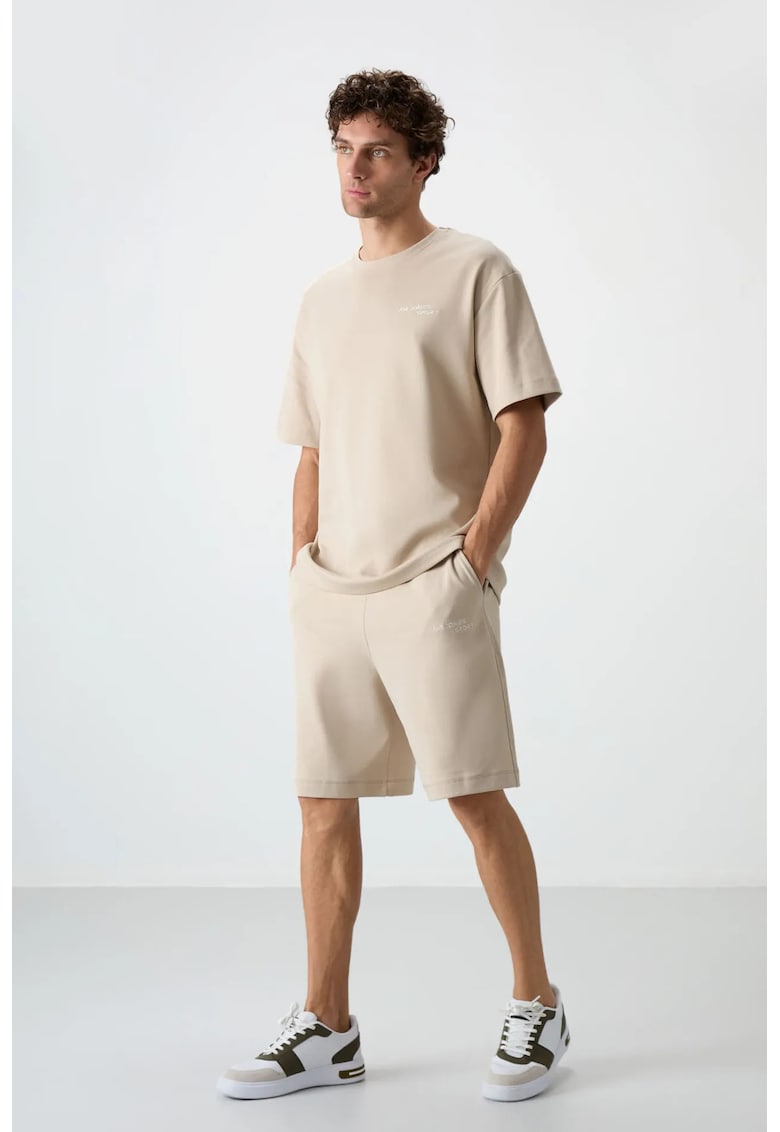 Set Activ - Tricou Supradimensionat cu Maneca Scurta si Sort - Bej Natural - Bumbac/Poliester