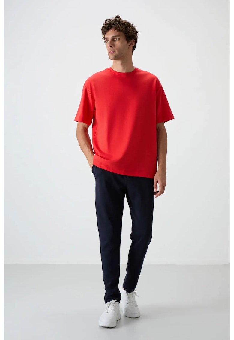 Set Trening Lifestyle Barbati - Set Oversized Tricou si Pantaloni - Albastru Marin/Rosu - Bumbac/Poliester