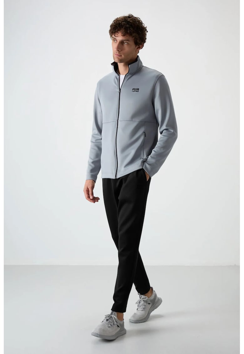 Set Activ Hanorac cu Fermoar si Pantaloni Asortati - Gri Deschis - Poliester Scuba