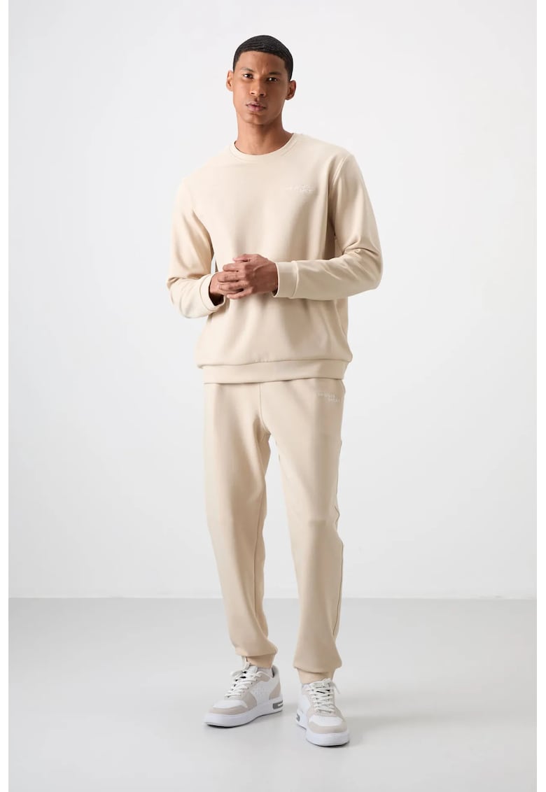 Set Trening Barbati Bluza cu Maneca Lunga si Pantaloni - Bej Natural - 50% bumbac/45% poliester/5% elastan