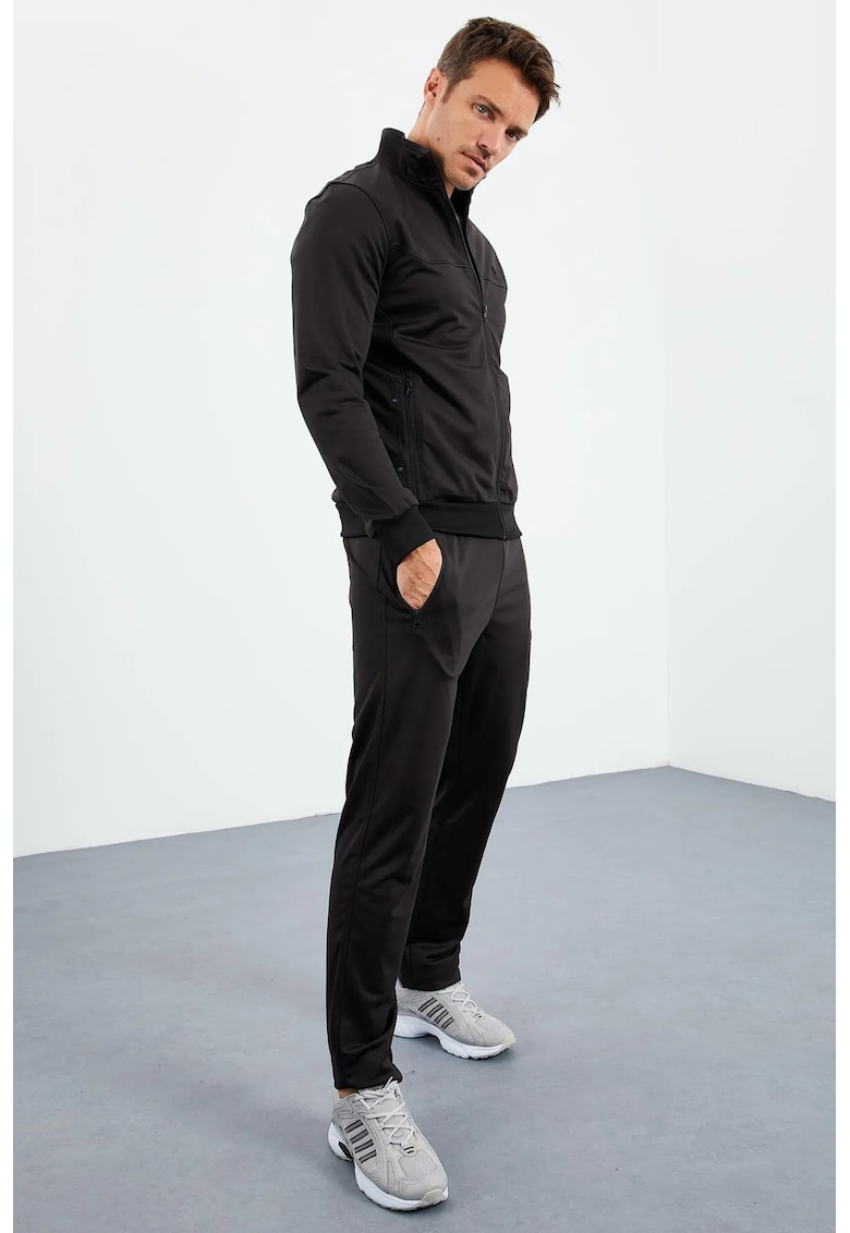 Set Activ Hanorac cu Fermoar si Pantaloni Lungi - Negru - Poliester cu Elastan